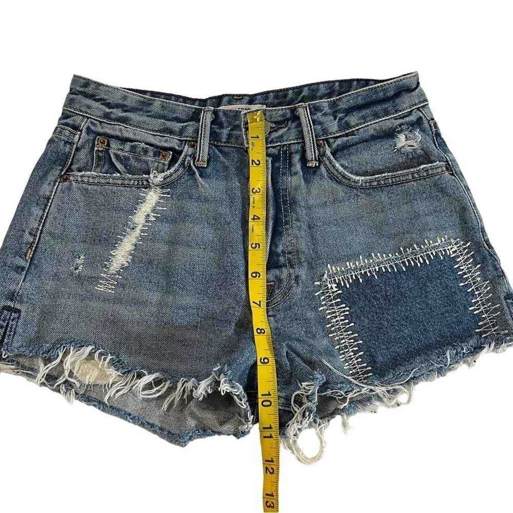 GRLFRND Cindy Fray Side Slit Button Fly Jean Shorts Patchwork High Rise Thrashed